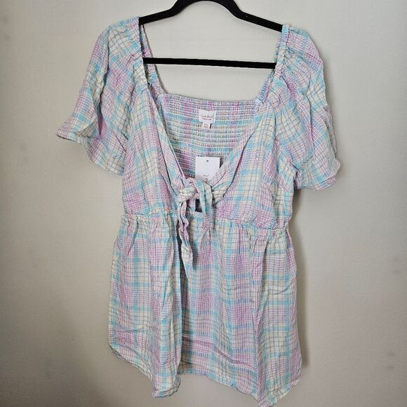 Isabel Maternity Top Tie Front Nursing Plaid Pastels Casual Short Sleeve Spring - Picture 2 of 10